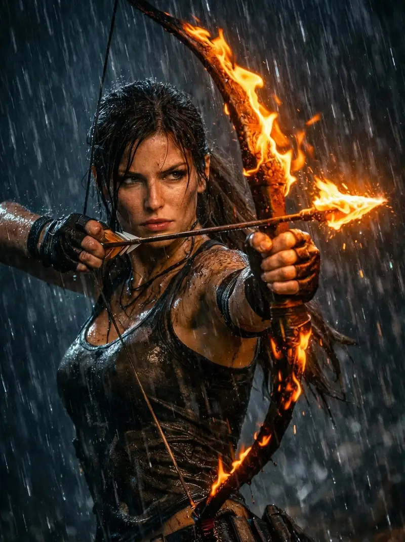 پیش‌نمایش Lara Croft with Fiery Bow in Heavy Downpour