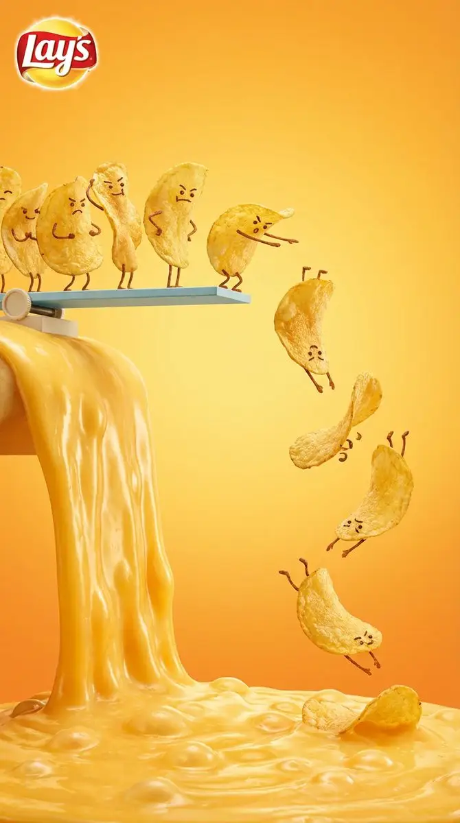Preview of Anthropomorphic Potato Chips Diving into Cheese Sauce