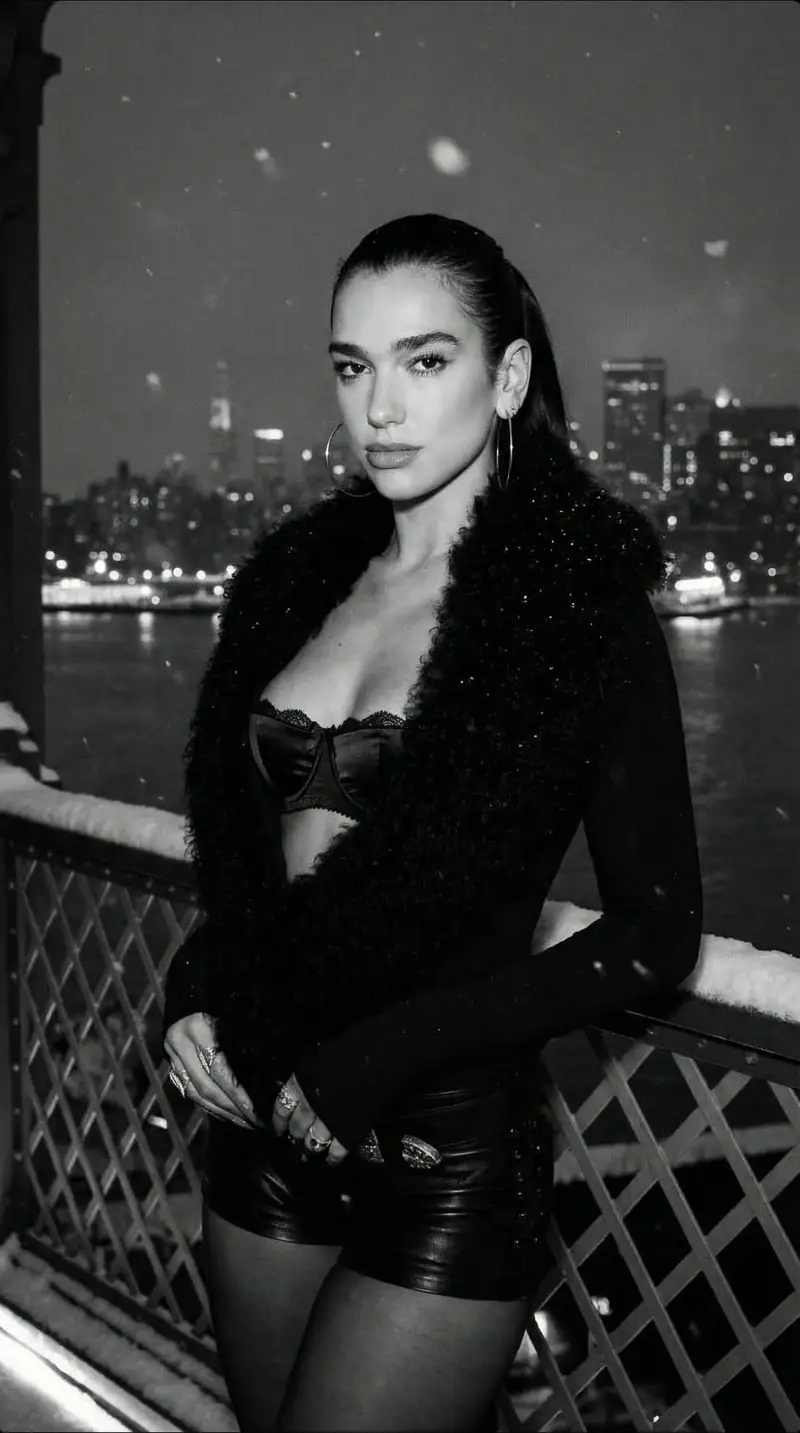 Preview of Dua Lipa Black and White Cinematic Editorial Prompt