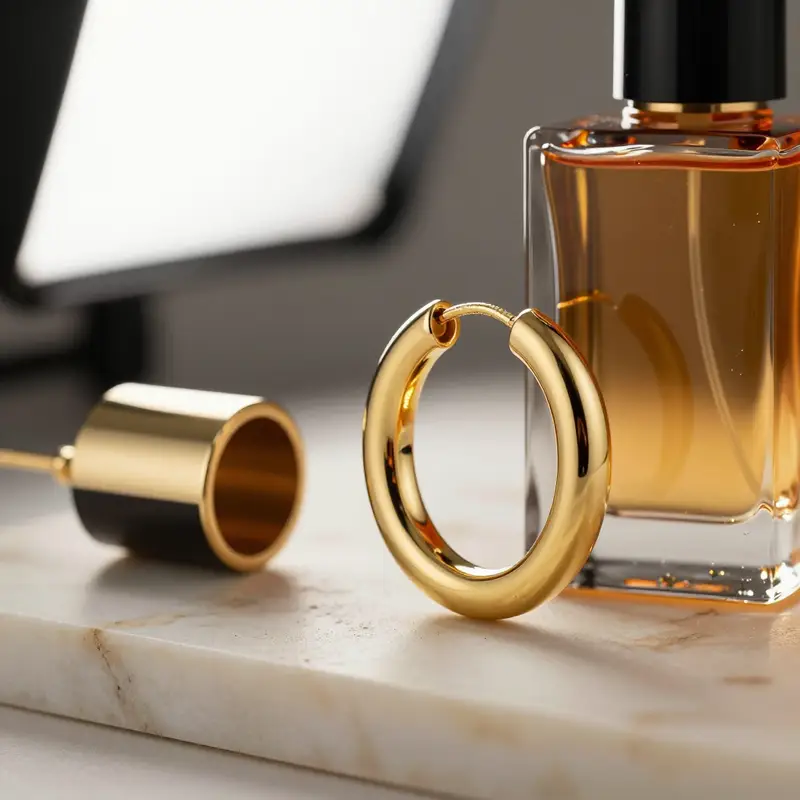پیش‌نمایش گوشواره حلقه‌ای ضخیم کنار شیشه عطر کهربایی