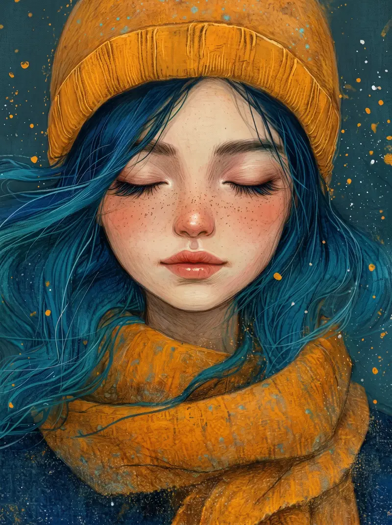 پیش‌نمایش Painterly Portrait with Teal Hair and Mustard Beanie