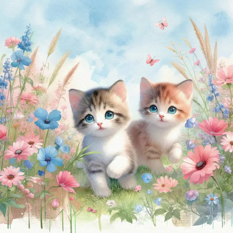Preview of Watercolor Illustration of Kittens in a Garden