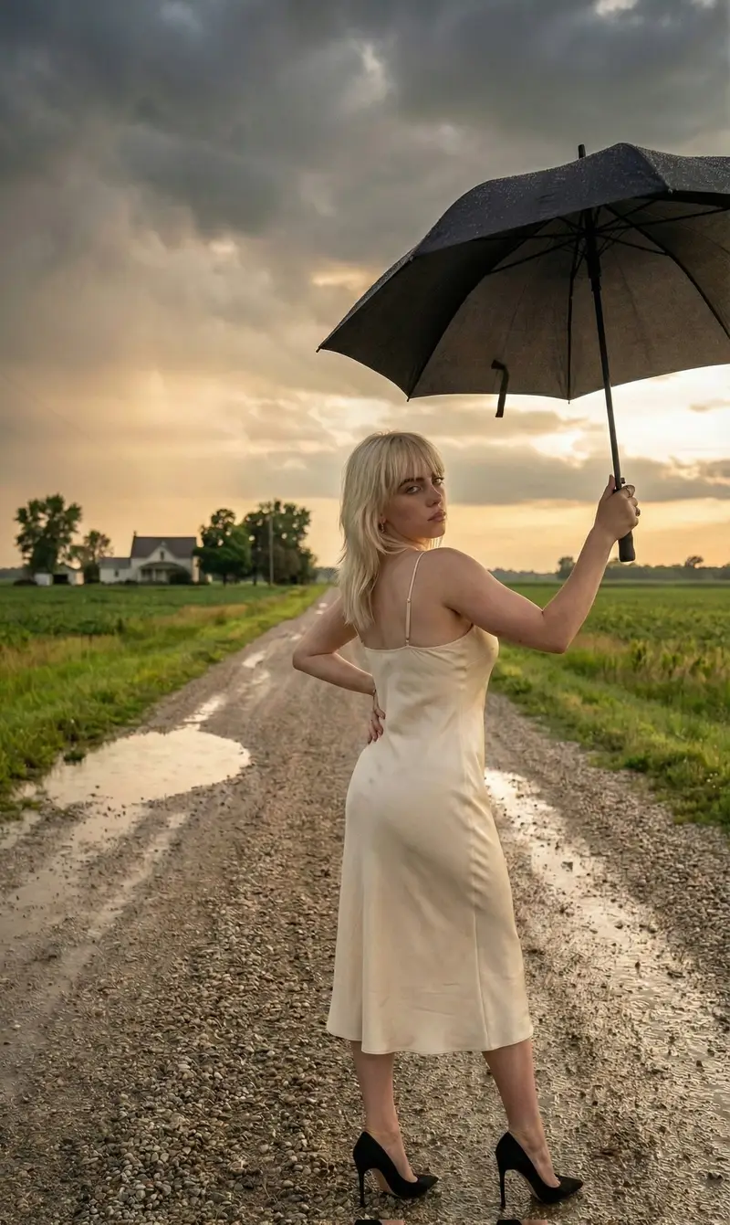 پیش‌نمایش Cinematic Portrait of Sabrina Carpenter in a Stormy Rural Setting