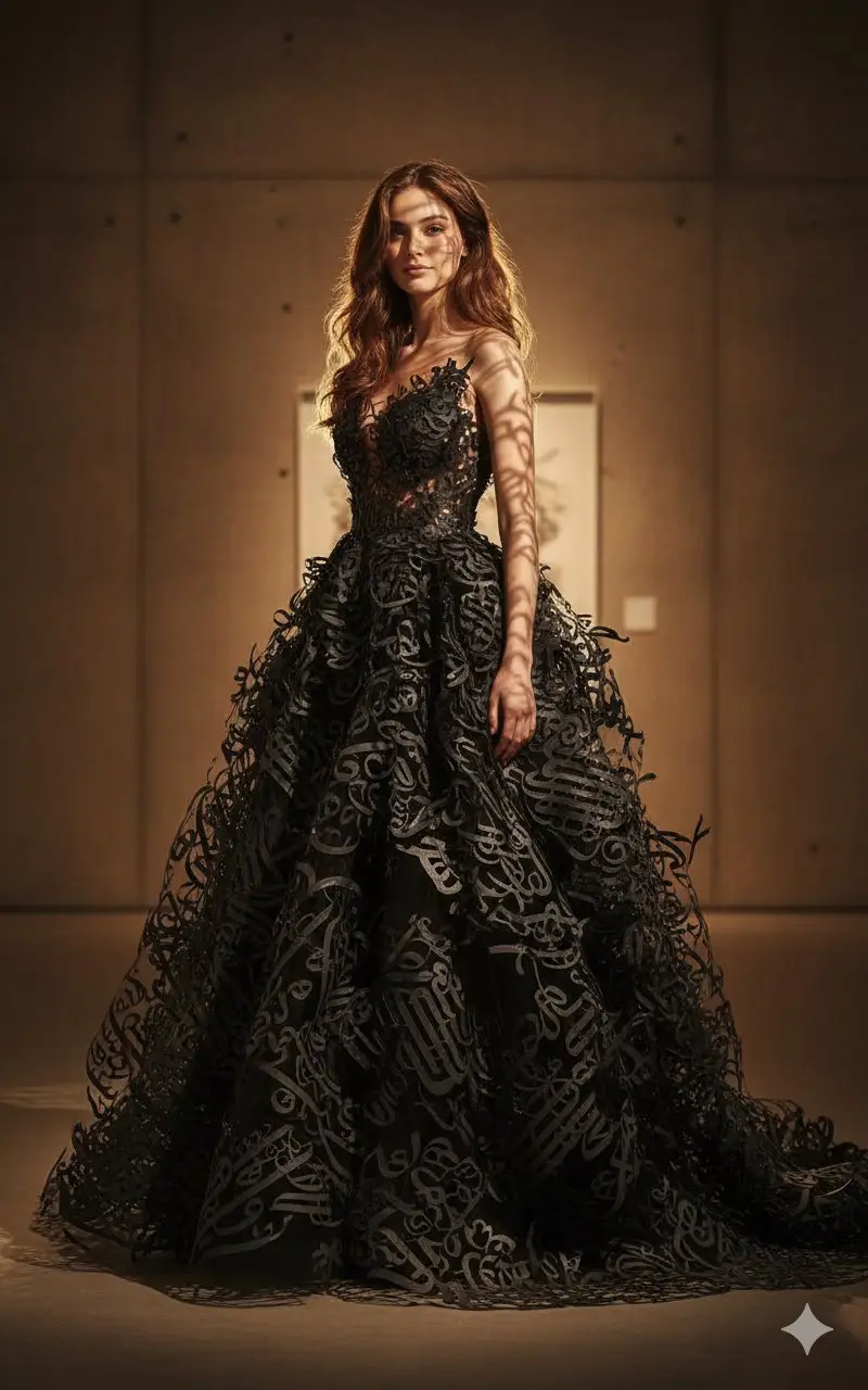 پیش‌نمایش Art-Couture Portrait with Calligraphy Fabric