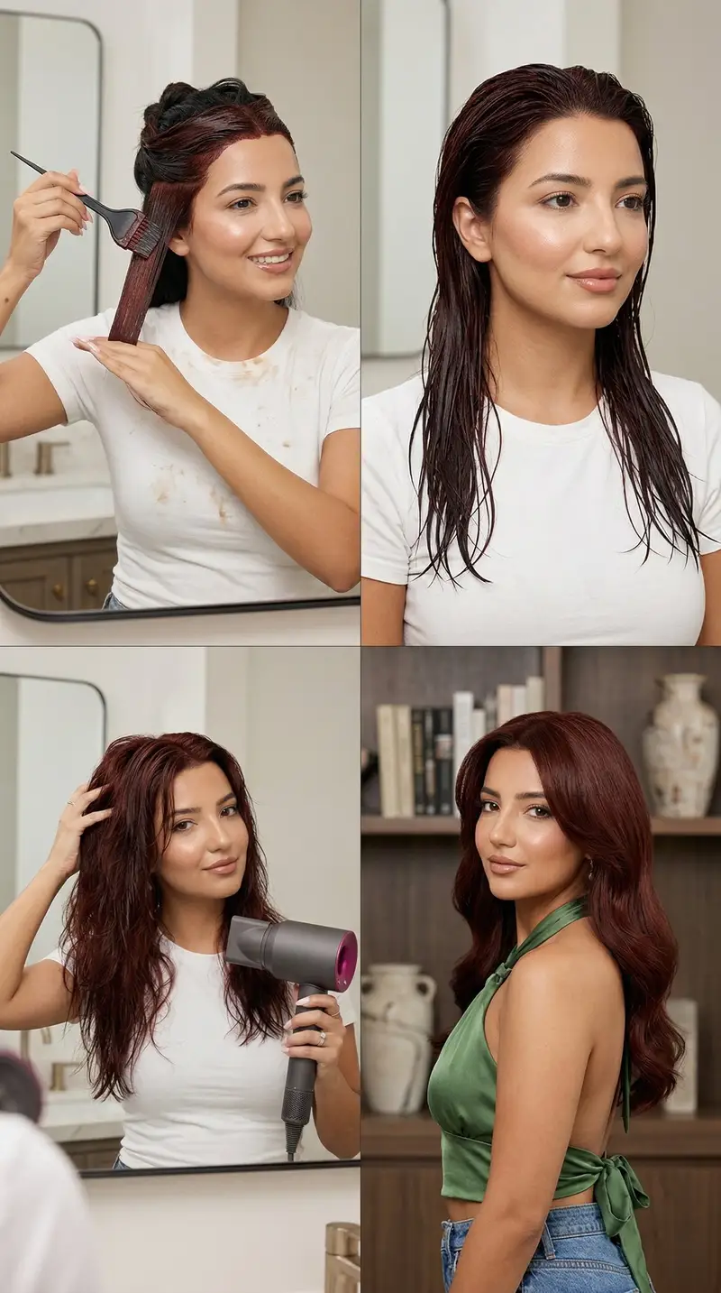 پیش‌نمایش 4-Step Deep Auburn Hair Dye Transformation Grid Prompt for Nano Banana 2