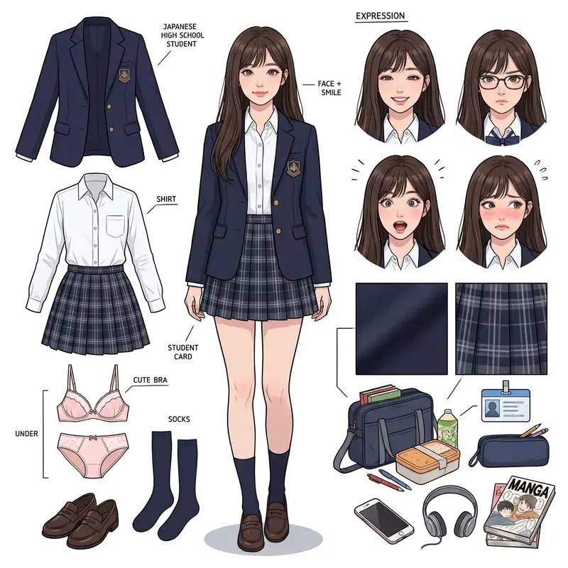 پیش‌نمایش Panoramic Character Concept Sheet for 17-Year-Old Japanese JK