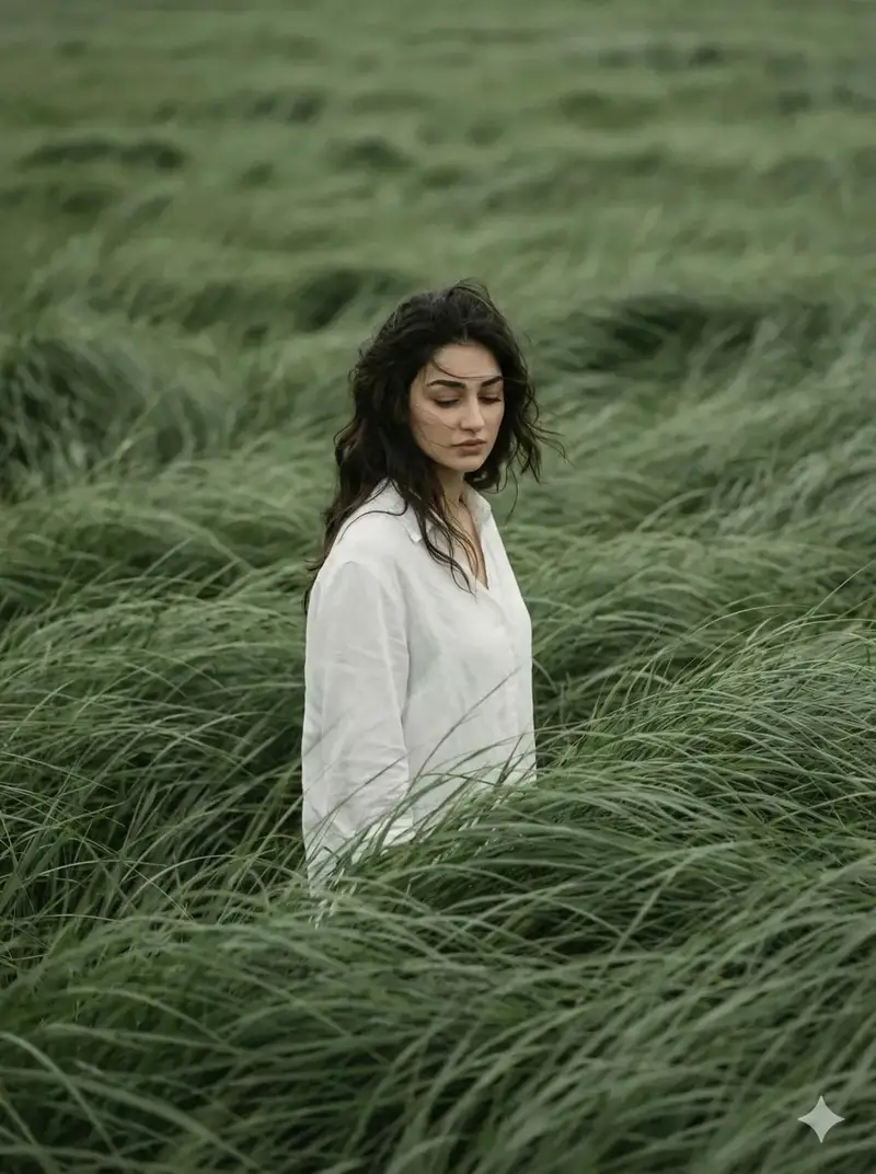Preview of Cinematic Editorial Portrait in Wind-Swept Grass Fields