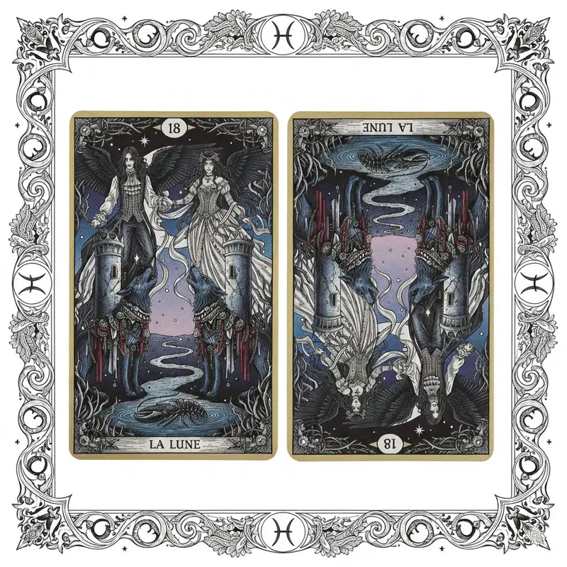 Preview of Nano Banana Pro Prompt: Tarot Card 18 (The Moon) with Mális Mizer and Pisces