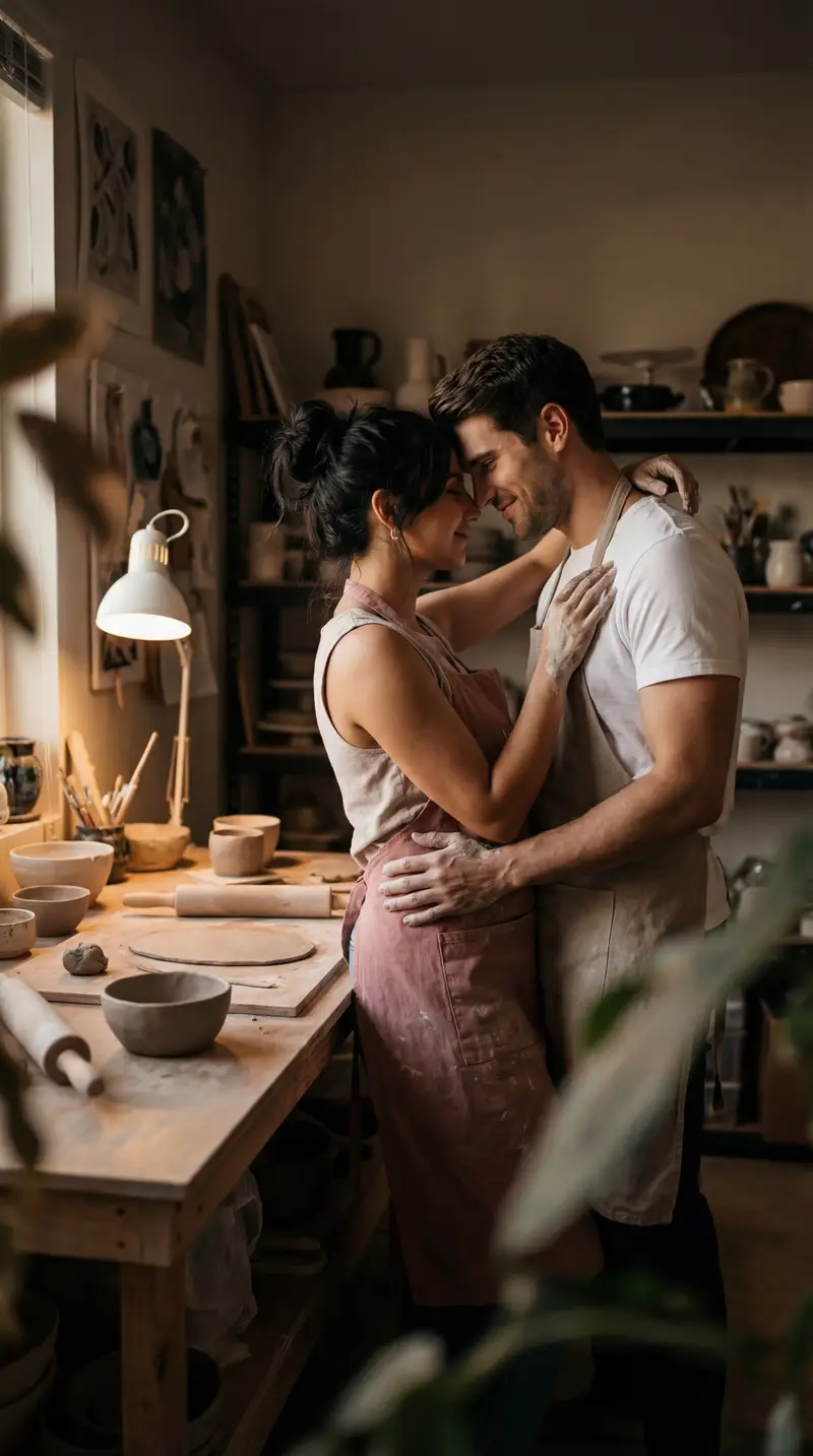 Preview of Cinematic Pottery Studio Couple Embrace Prompt