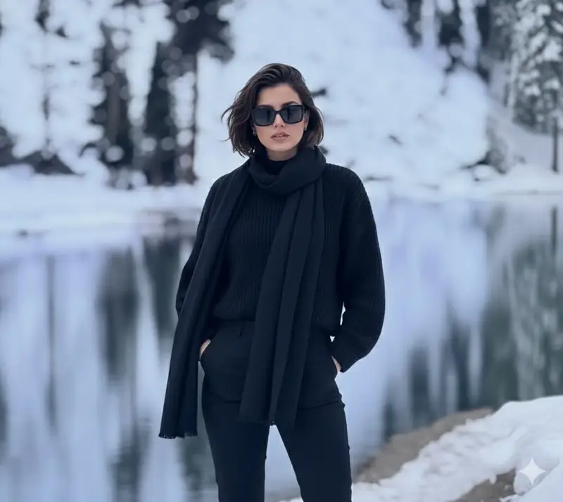 پیش‌نمایش Photorealistic portrait of a stylish woman in a snowy landscape