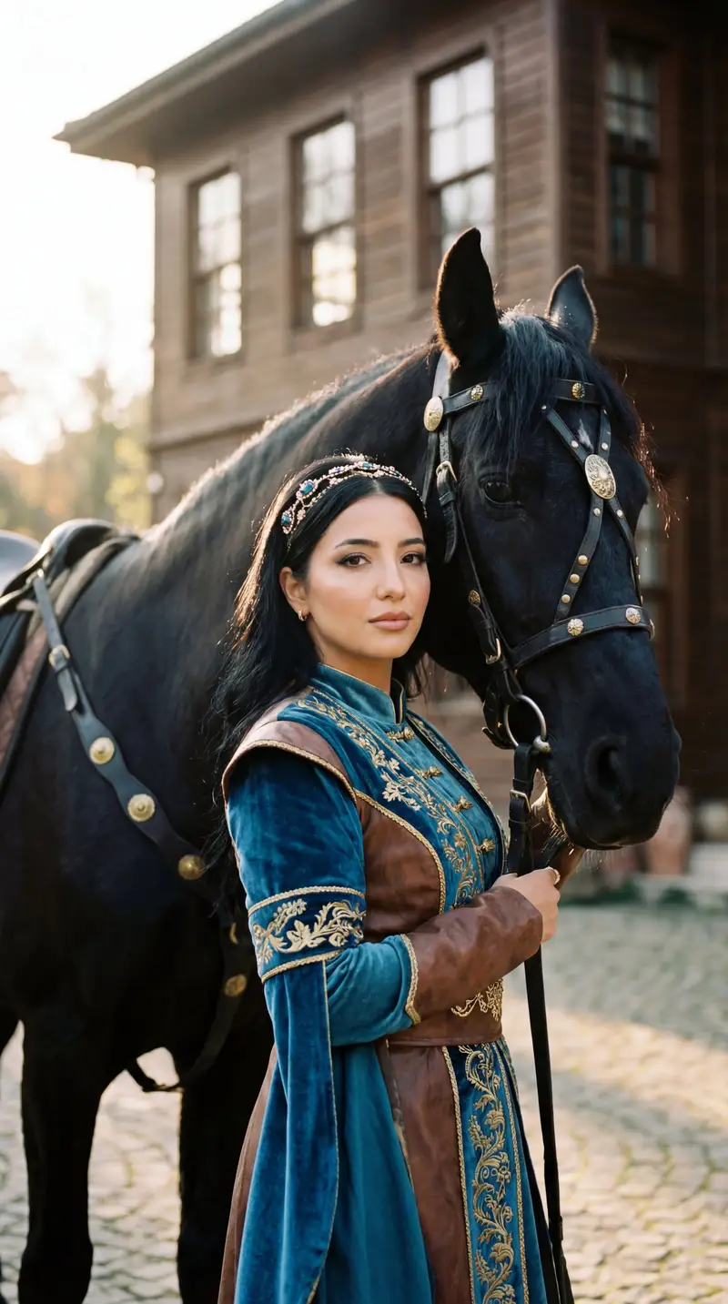 Preview of Photorealistic Historical Turkish Woman with Black Horse