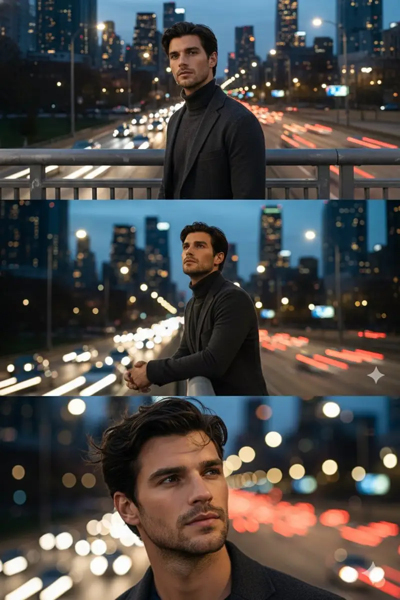 Preview of Cinematic Triptych Portrait on a Night Bridge