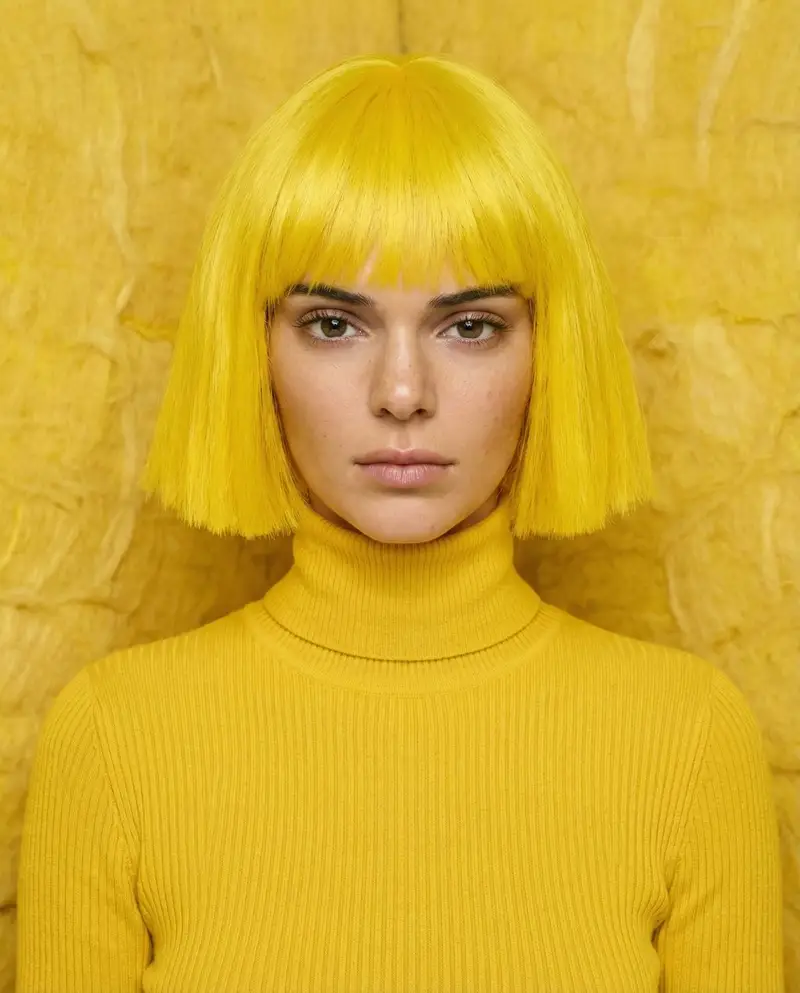 Preview of Monochromatic canary yellow portrait of Kendall Jenner in an isolation booth