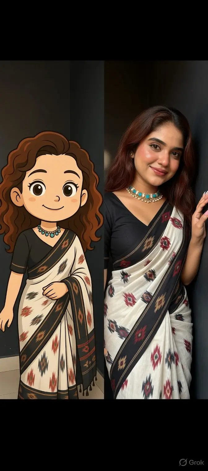 Preview of Side-by-Side Portrait of Realistic Woman in Saree and Cartoon Younger Self