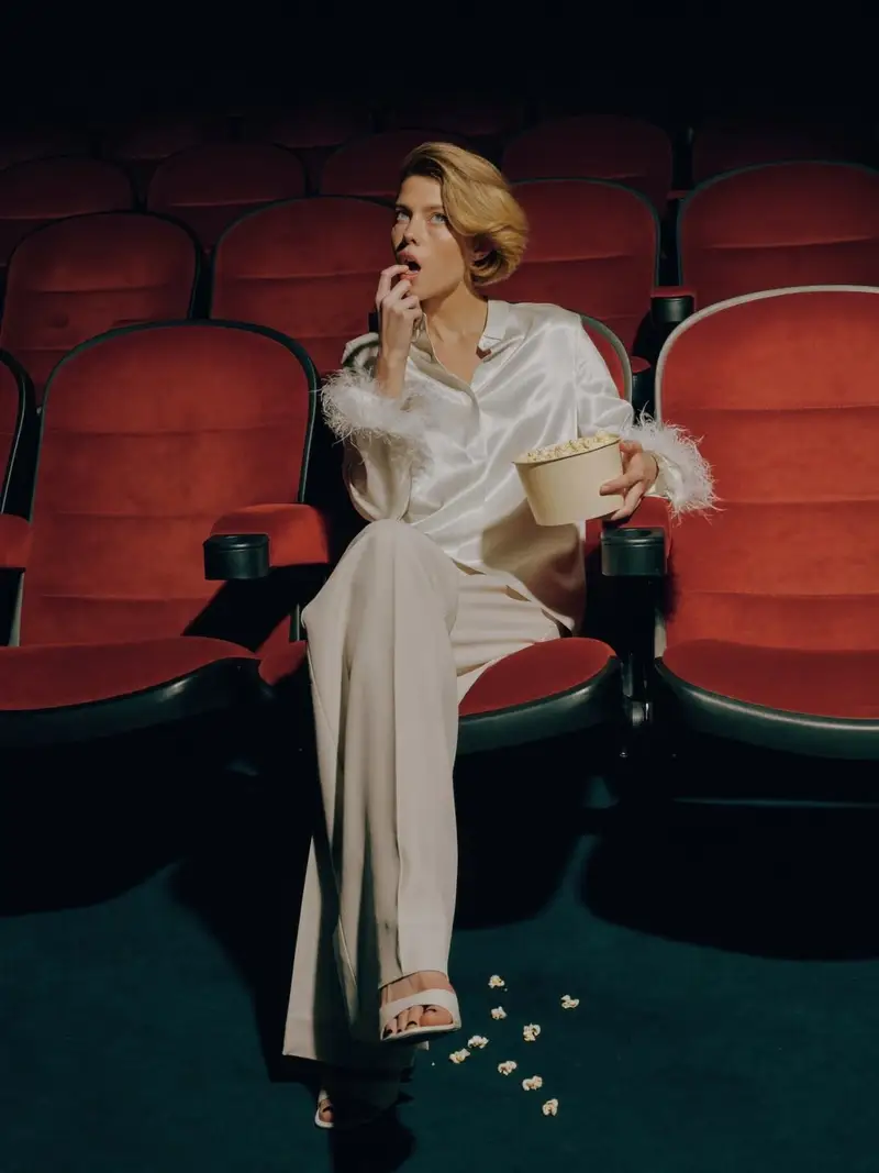 Preview of Elegant Fashion Editorial in a Dark Movie Theater