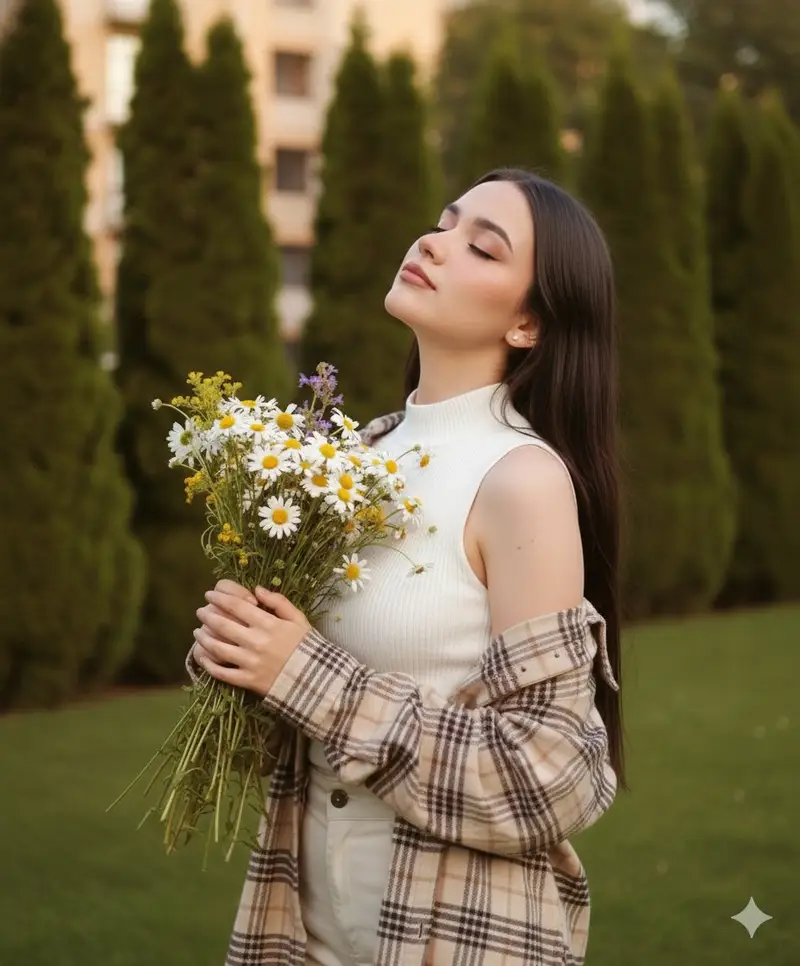 Preview of Dreamy Cinematic Portrait with Wild Bouquet in Golden Hour