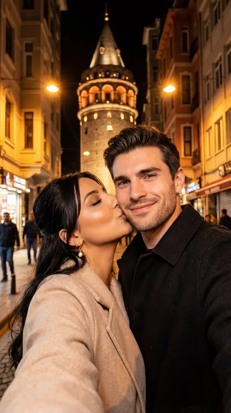 Preview of Night City Selfie Kiss Prompt (Galata Tower)