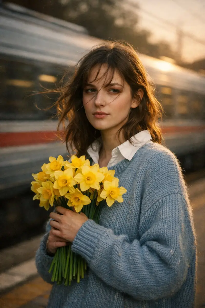 Preview of Cinematic Portrait at Railway Platform with Daffodils