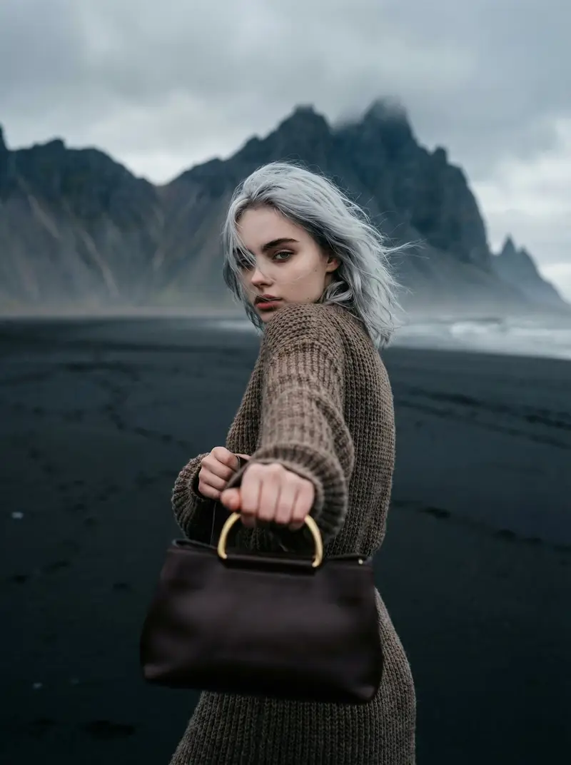 Preview of Cinematic Fashion on Black Sand Beach Prompt