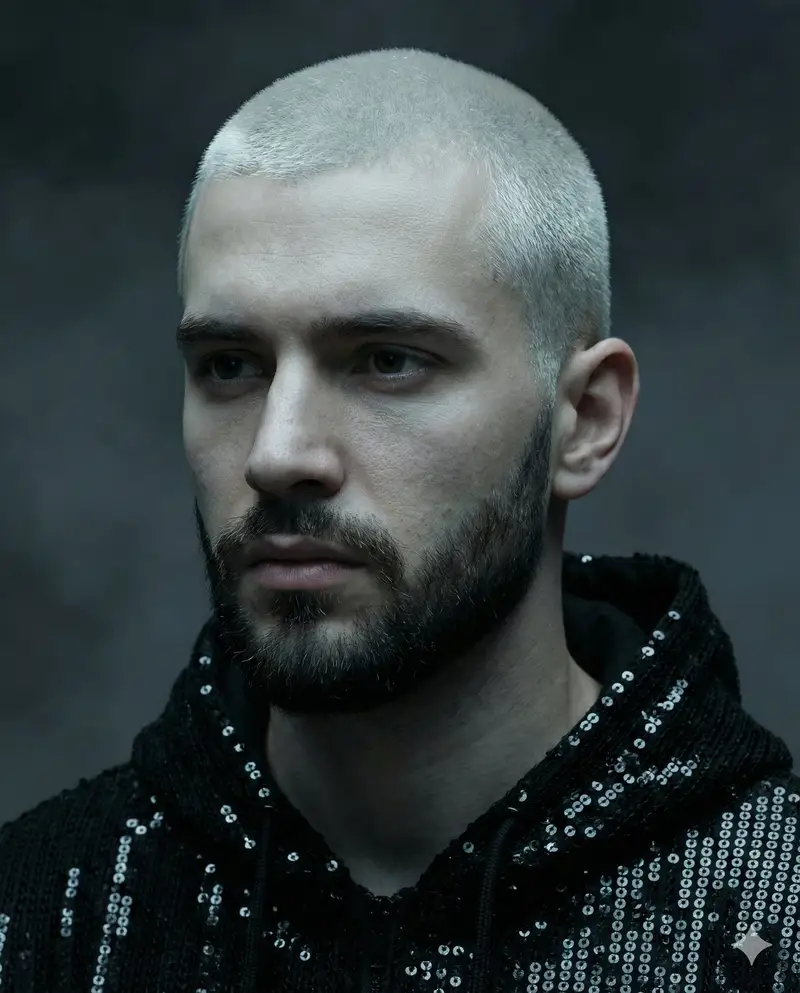 Preview of Hyper-realistic portrait of a young man with platinum buzz cut