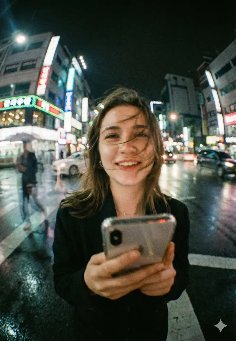 Preview of Neon City Night Portrait with Wide-Angle Distortion