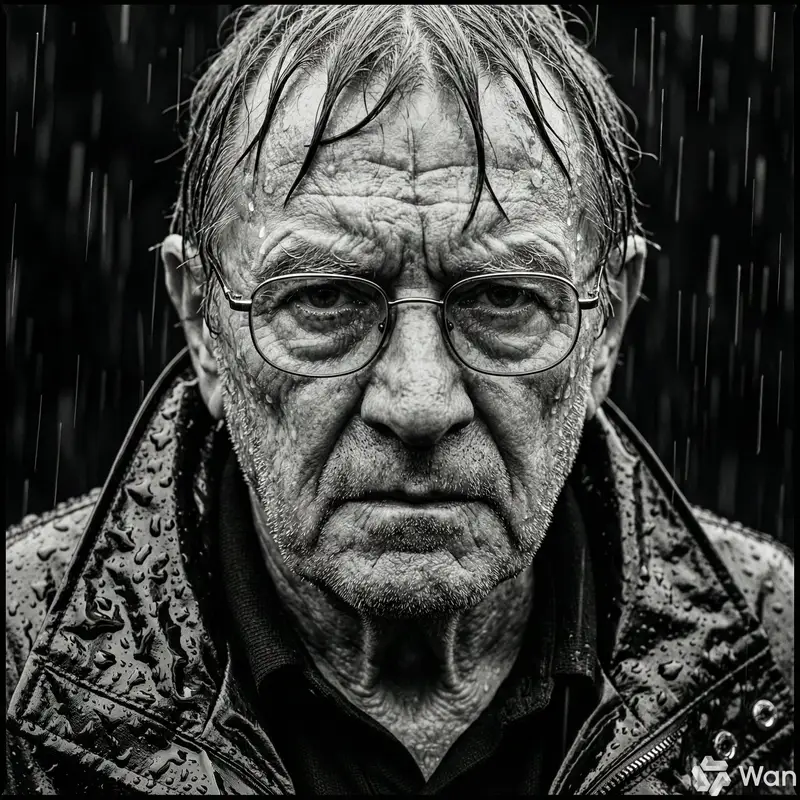 Preview of Monochrome Portrait of Elderly Man in Heavy Rain