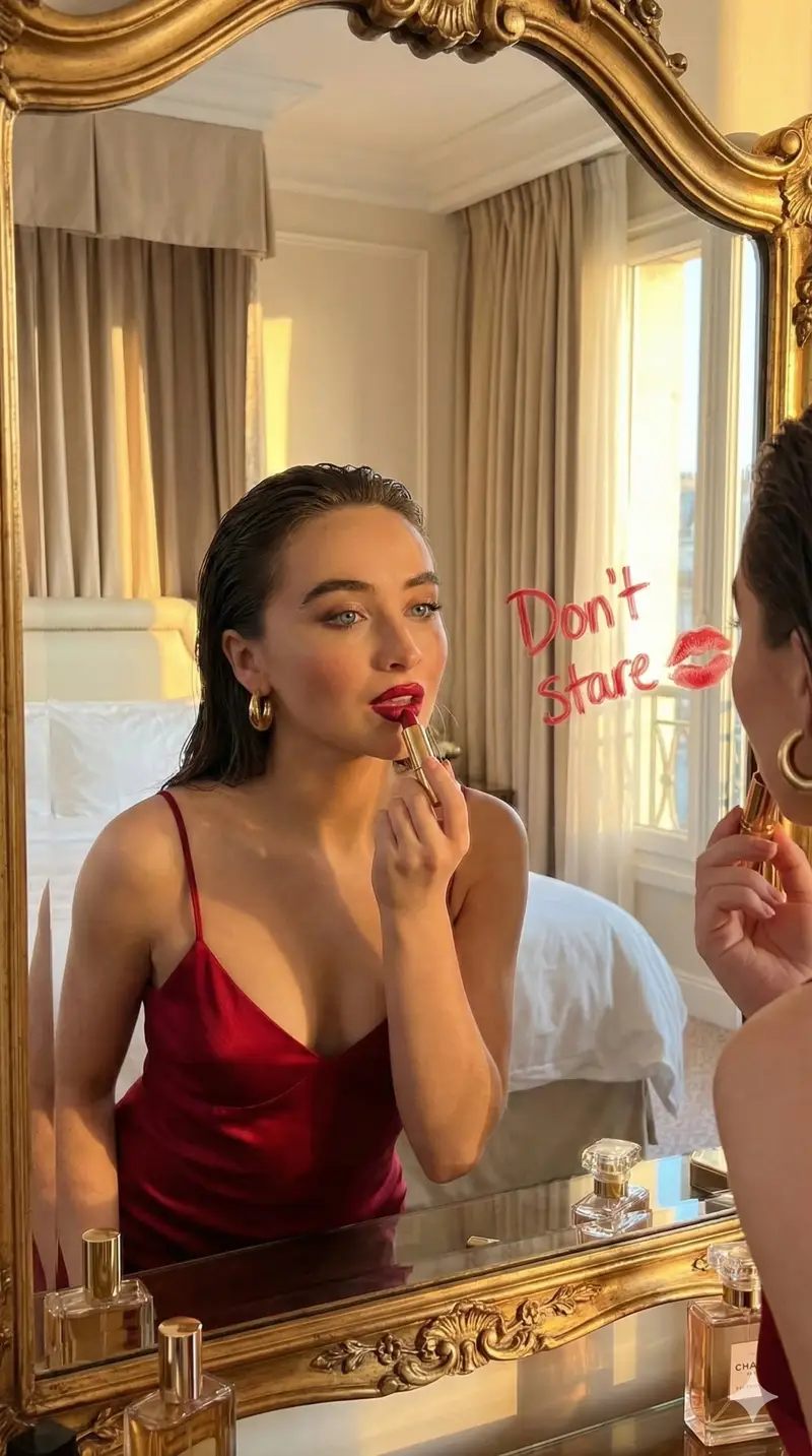 پیش‌نمایش Cinematic Portrait of a Woman Applying Red Lipstick in a Mirror