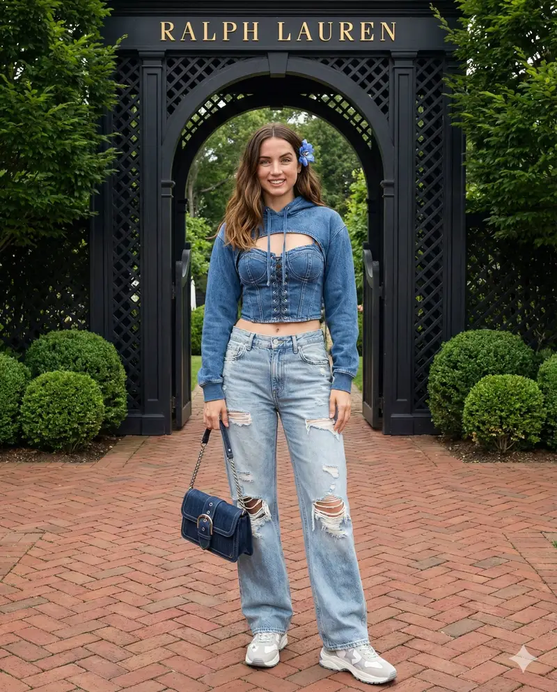 Preview of Y2K Denim-on-Denim Fashion Shot in Garden Setting
