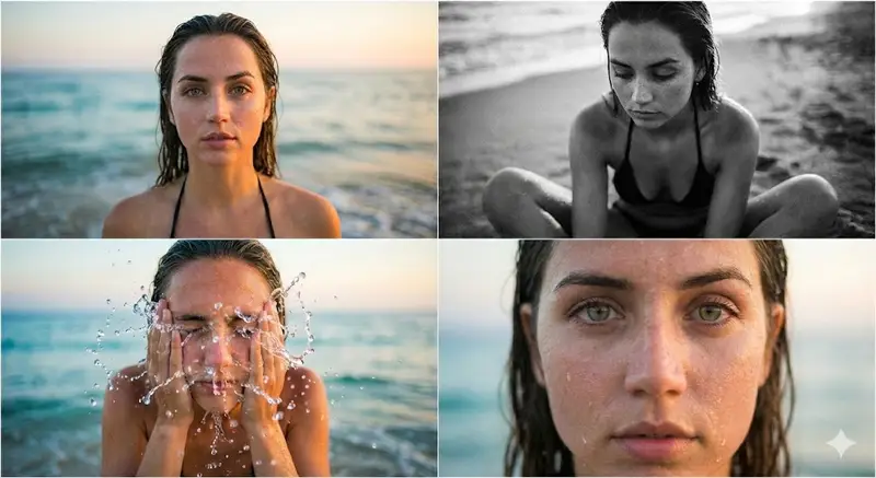 Preview of Ana de Armas Cinematic Beach Collage Prompt
