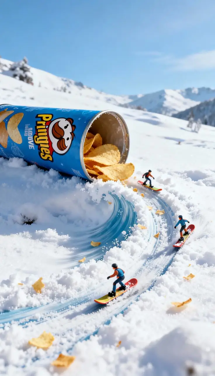 Preview of Video prompt for surreal miniature Pringles can snowboard scene