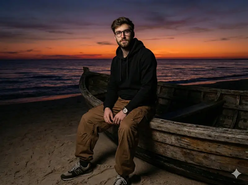 پیش‌نمایش Moody Cinematic Portrait on Stranded Boat at Sunset