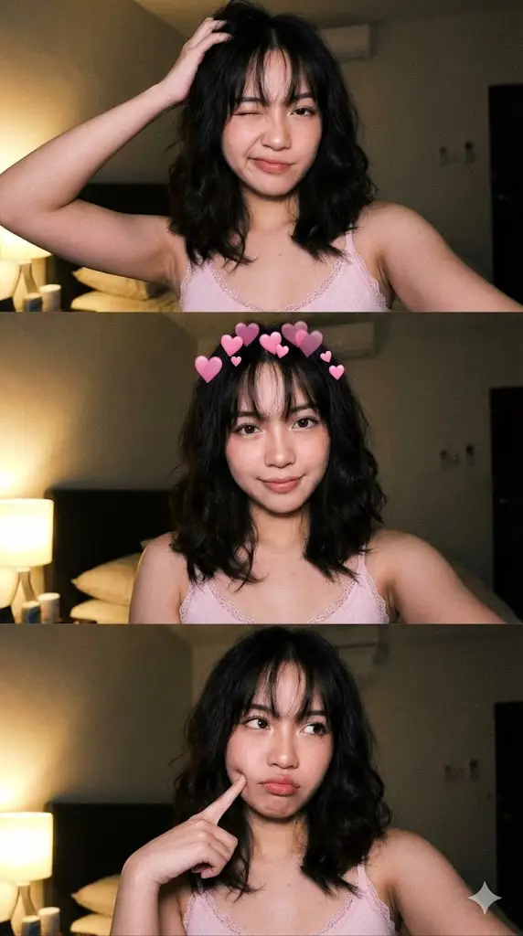 Preview of JSON Prompt for Vertical Triptych Selfie of Jenna Ortega Lookalike