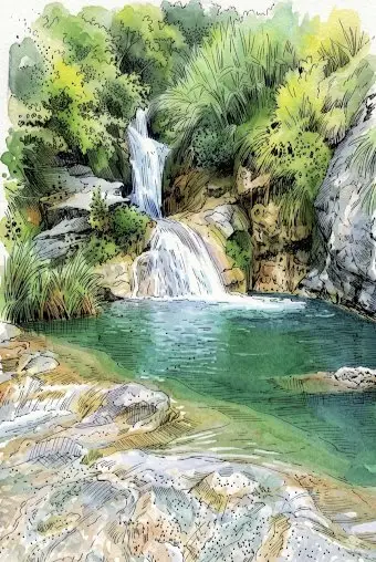 پیش‌نمایش تصویرسازی آبرنگ آبشار واحه استوایی