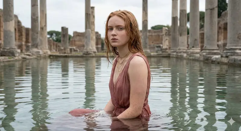 Preview of Sadie Sink in Grecian Dress in Ancient Ruins