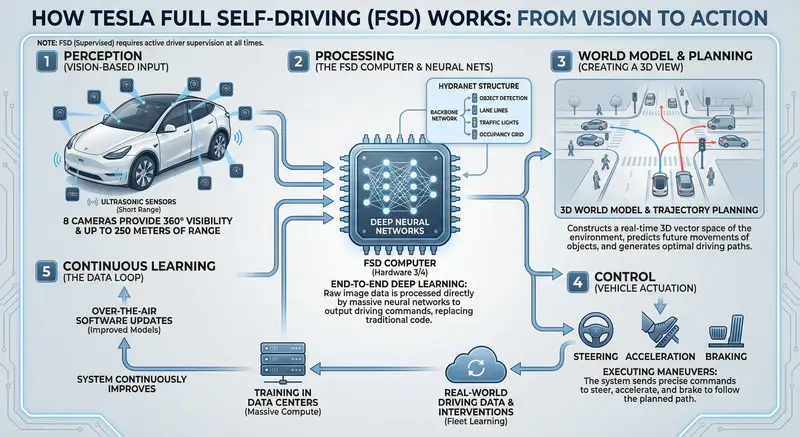 پیش‌نمایش اینفوگرافیک توضیحی رانندگی خودکار تسلا (FSD)