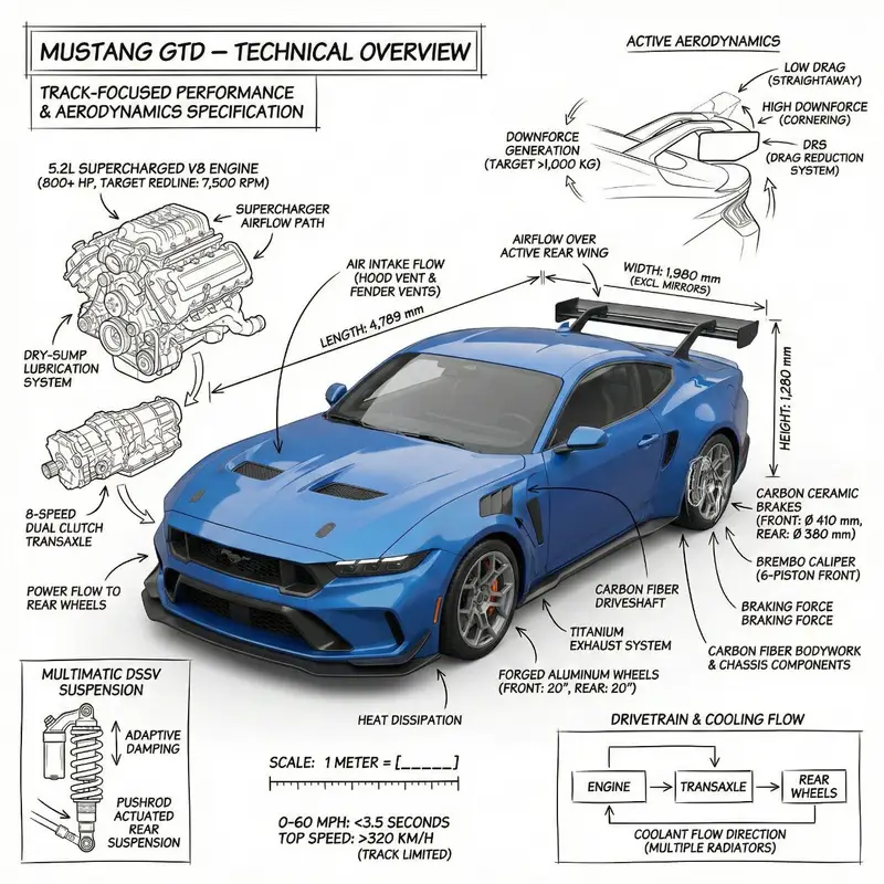 Preview of Infographic image of Mustang GTD with technical annotations