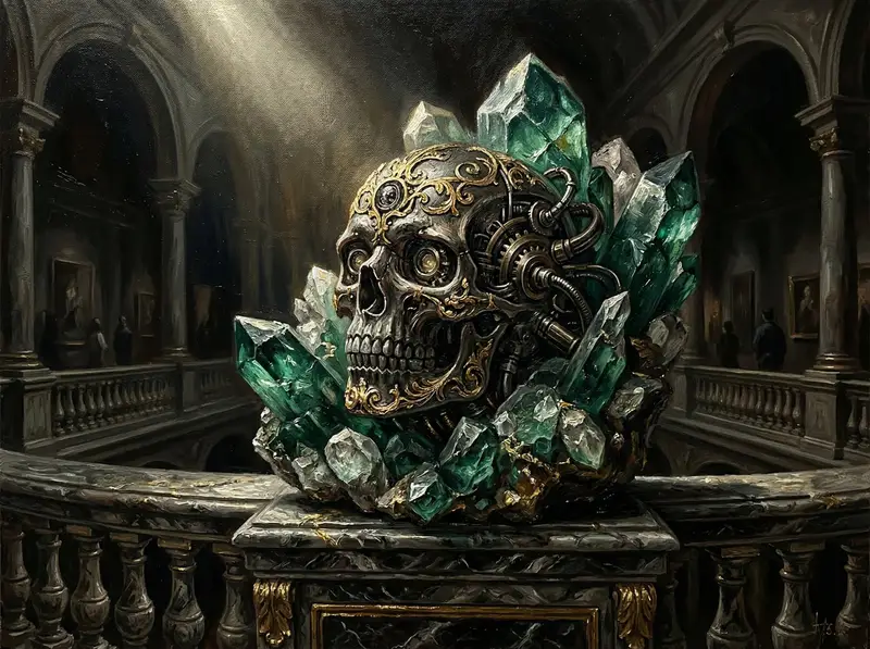 پیش‌نمایش Dramatic Chiaroscuro Oil Painting of Biomechanical Skull