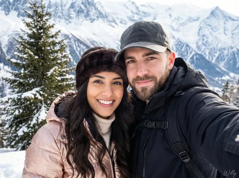 پیش‌نمایش Happy Couple Snowy Mountain Selfie Prompt