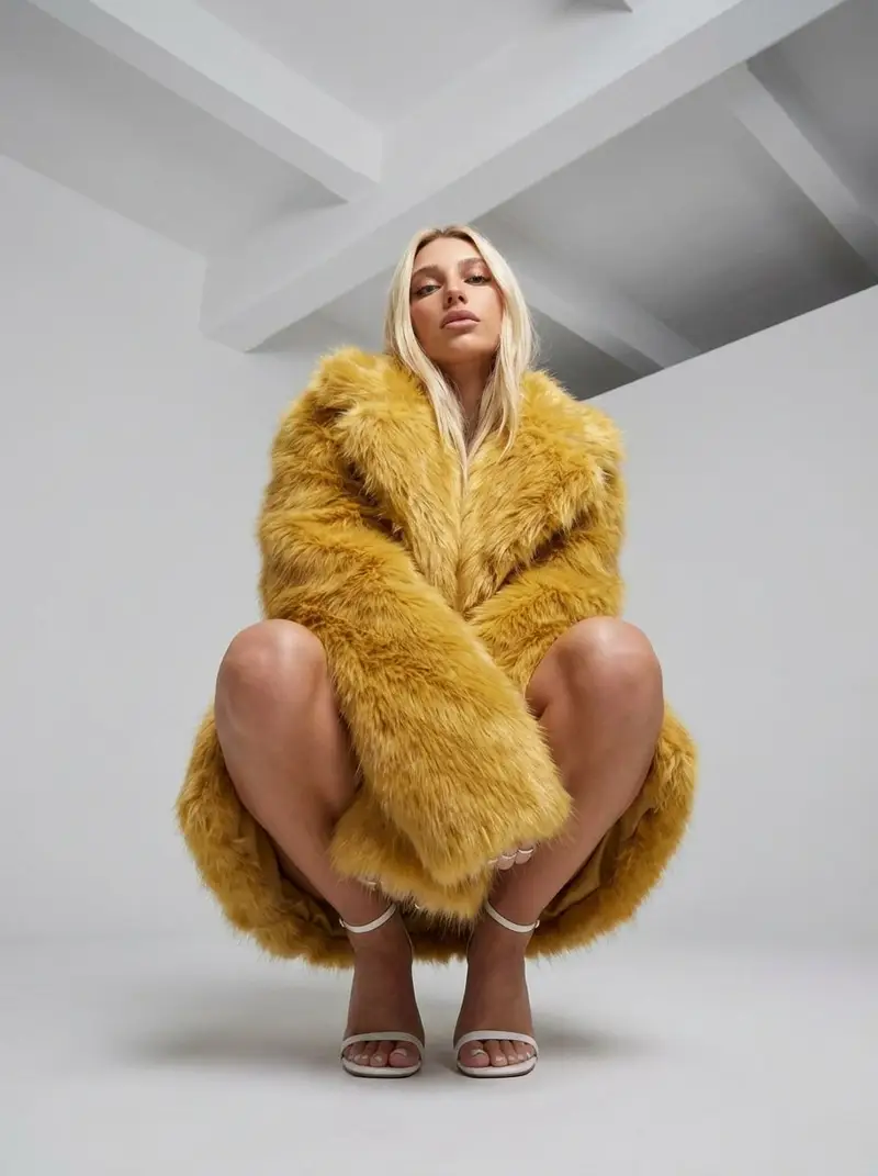 Preview of High Fashion Editorial: Woman in Yellow Fur Coat