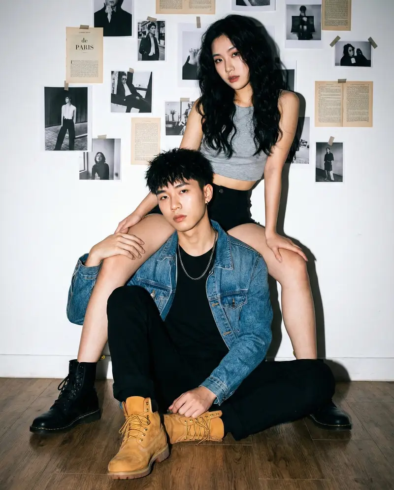 پیش‌نمایش Edgy Asian Couple Portrait with Mismatched Boots and Flash Lighting