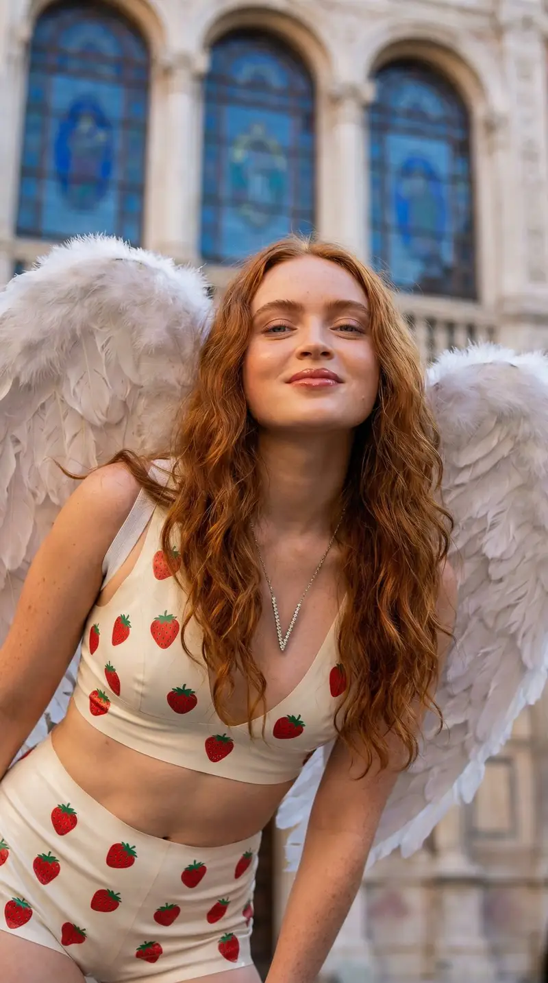 Preview of Low-Angle Portrait of Woman with Angel Wings and Cherry Pajamas