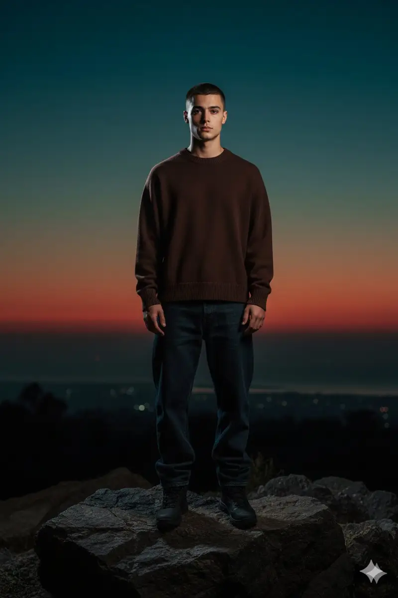 پیش‌نمایش Full-Body Portrait with Frontal Flash at Blue Hour Sunset