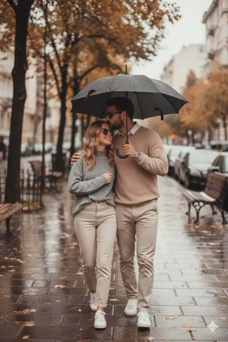 پیش‌نمایش صحنهٔ عاشقانهٔ زوج در پاییز بارانی با قفل هویت