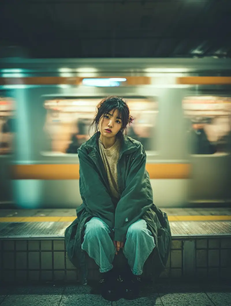 Preview of Cinematic Portrait of a Woman on a Train Platform