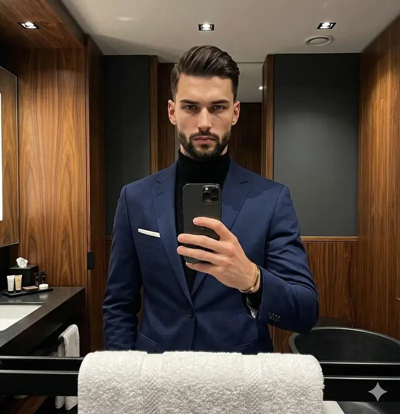 Preview of Moody Luxury Lifestyle Portrait of a Man in a Navy Suit