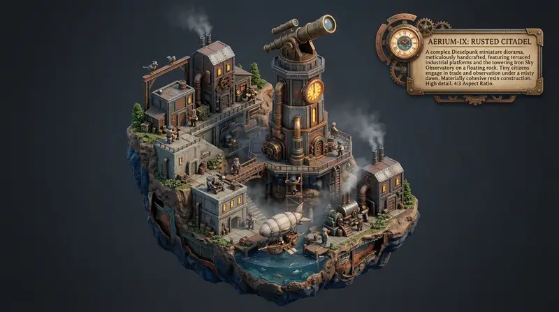Preview of Procedural Whimsical Mono-Punk Floating Miniature Diorama Prompt