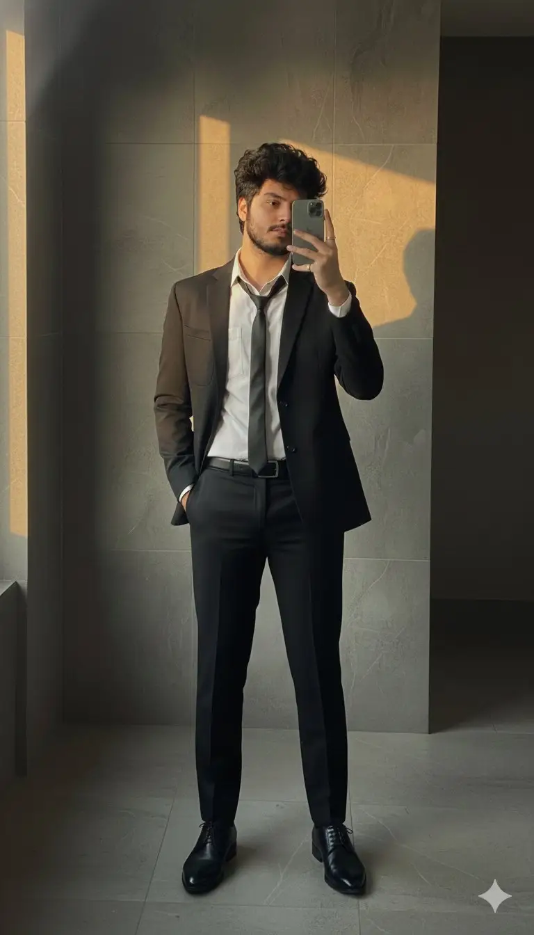 Preview of Formal Suit Mirror Selfie with Face Reference Prompt