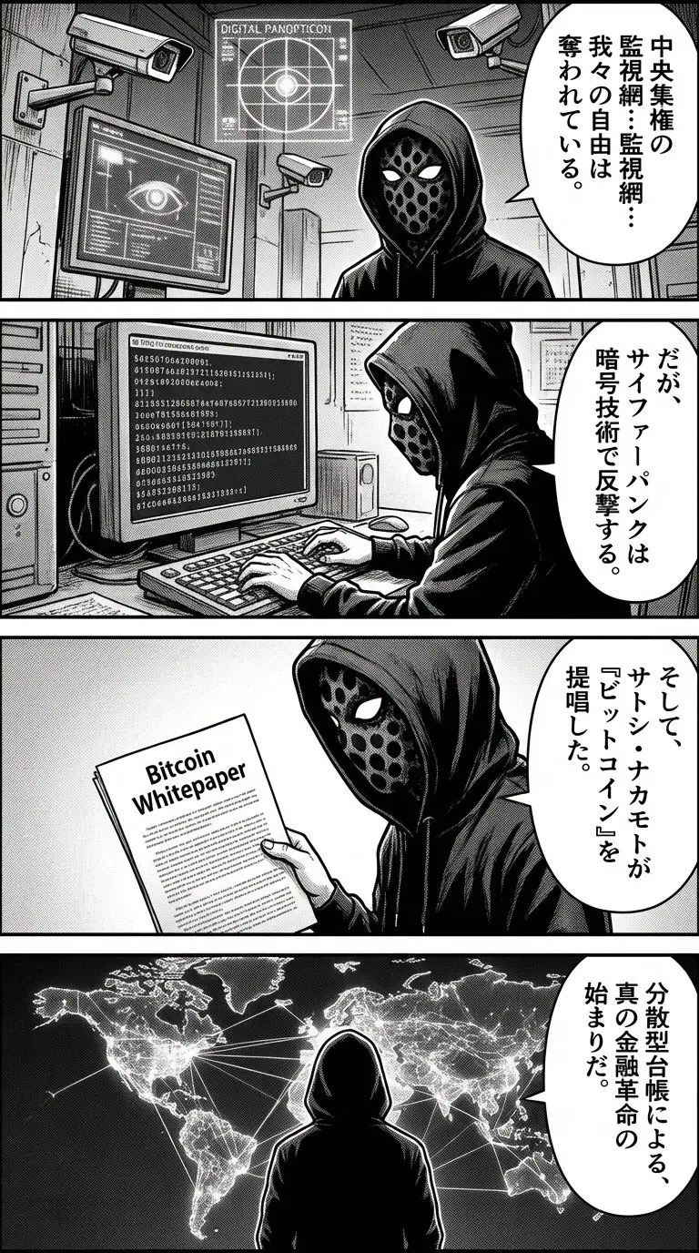 Preview of مانگای چهارقابی دربارهٔ بیتکوین از نگاه سایفرپانکها