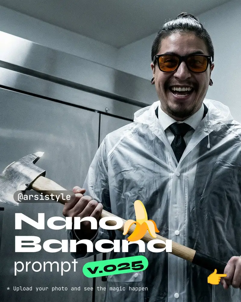 Preview of Clinical, High-Contrast Portrait with Axe and Raincoat Prompt