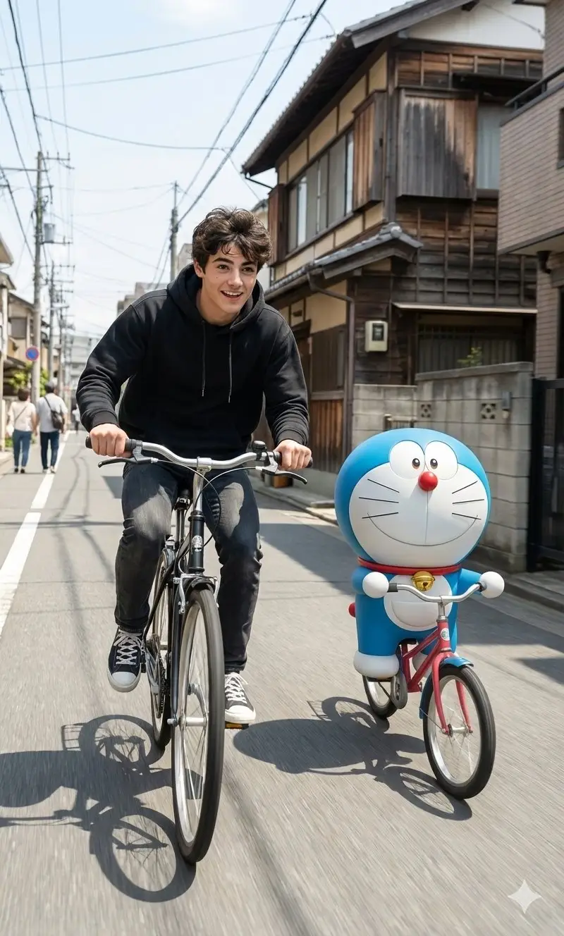 پیش‌نمایش Cinematic Realism with Cartoon Character on Bicycle